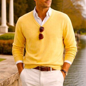 Vtg LL BEAN Yellow Wool V Neck Pullover Sweater